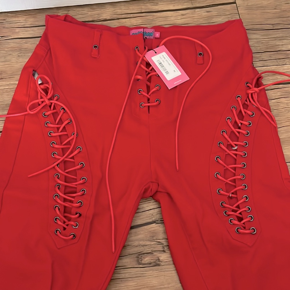 Edikted Red Lace Up Flare Pants
